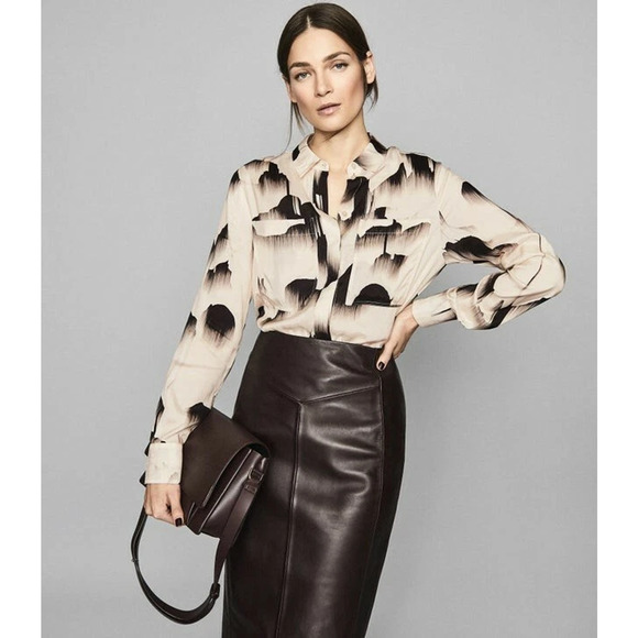 Reiss Lea Glacier Print Twin Pocket Button-Up Blouse Cream/Black Women Size 6 - Picture 1 of 6